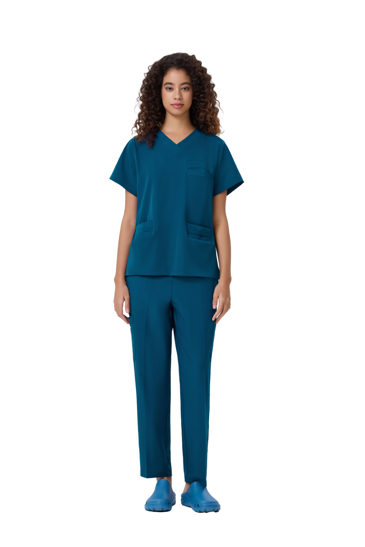 Woman wearing teal pocket scrub set