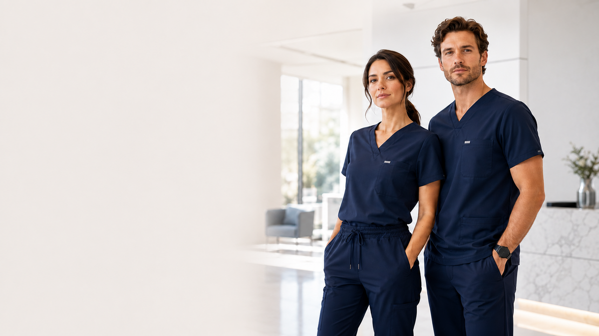 NoviScrubs female and male healthcare professionals wearing navy scrubs